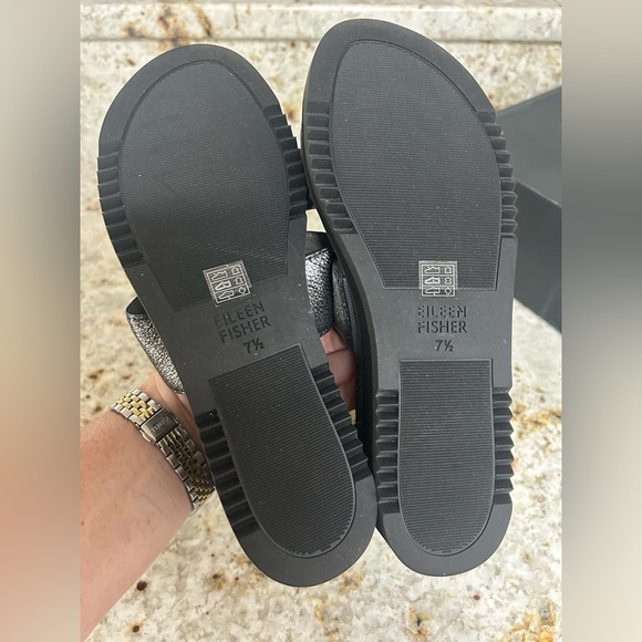 NIB Eileen Fisher Keno Silver Metallic Gray Leather Platform Sandals 7.5 Medium - Picture 4 of 10